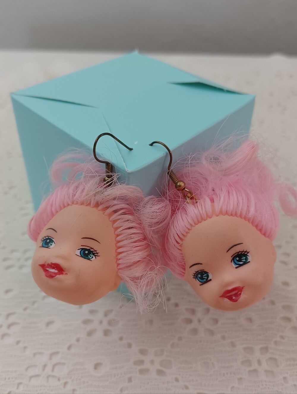 Barbiecore Upcycled Pink Hair Doll Head Earrings Kawaii